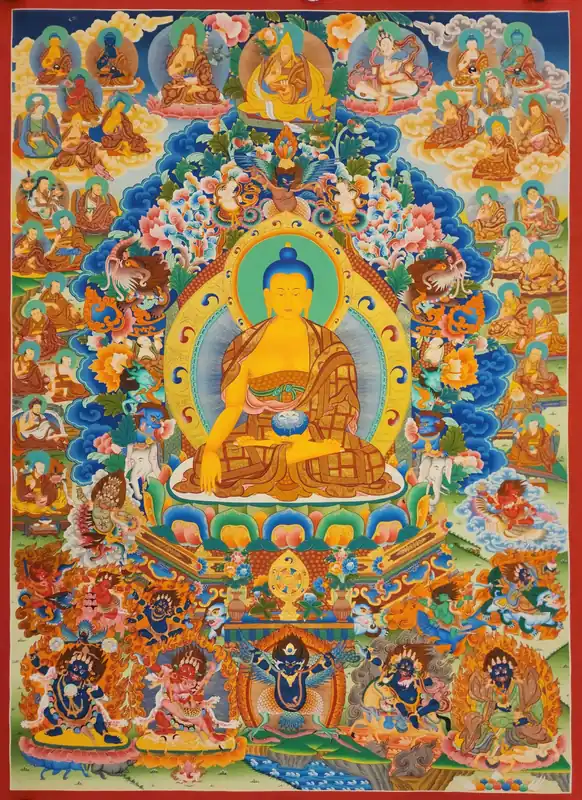 Thangka tibétain de Shakyamuni Bouddha sur toile de coton