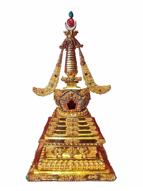 Chorten bouddhiste de 50 cm – Détails plaqués or et en pierres