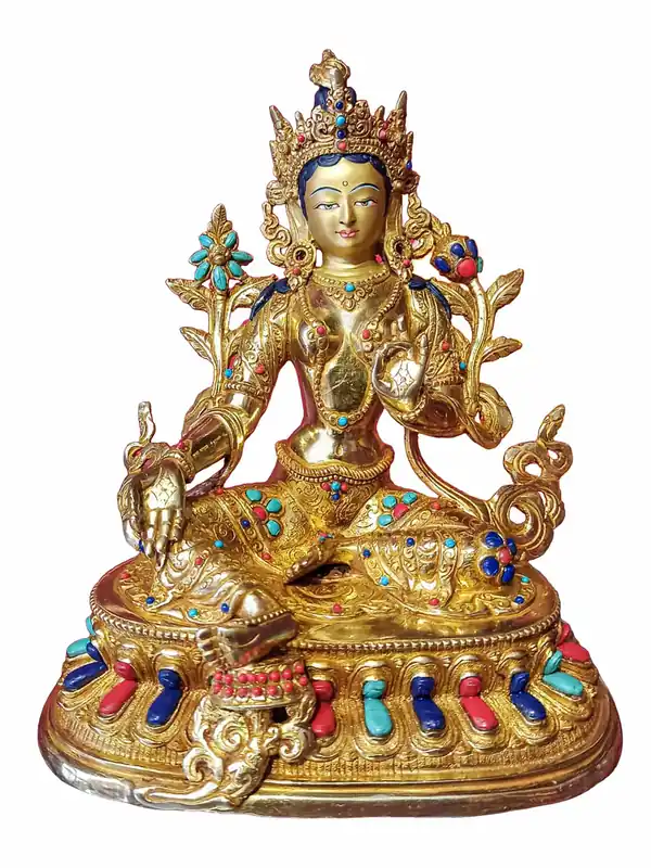 Statue de Tara Verte de 24 cm avec un visage peint en or