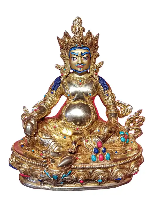 Statue de Jambhala Jaune en cuivre plaqué or
