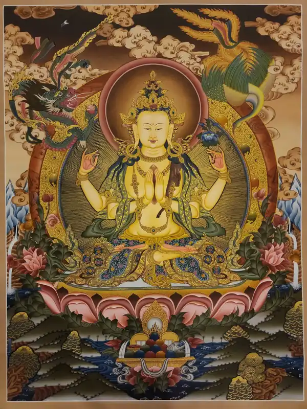Peinture thangka de Chenrezig sur toile de coton