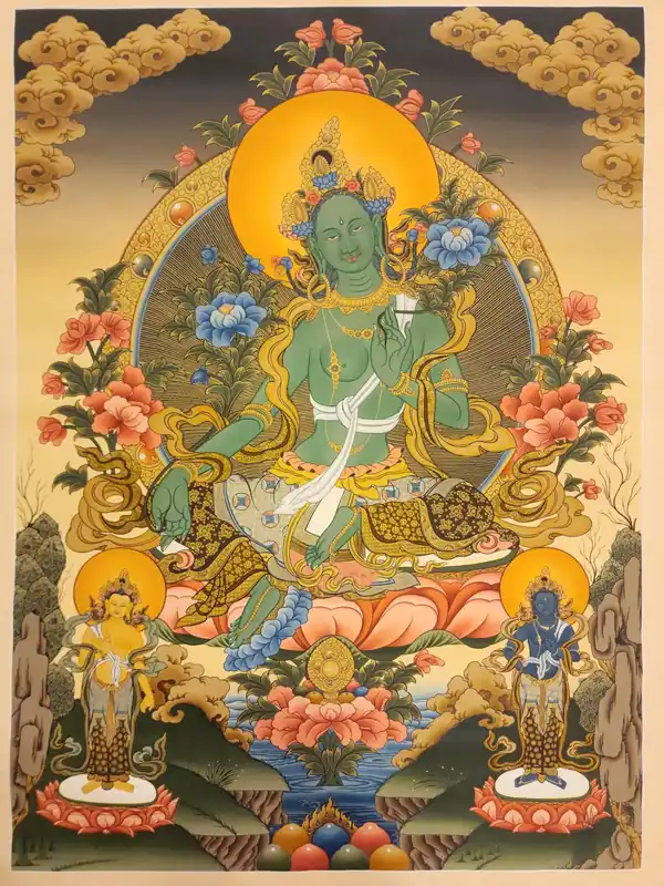 Thangka de la Tara Verte sur toile de coton avec de l’or