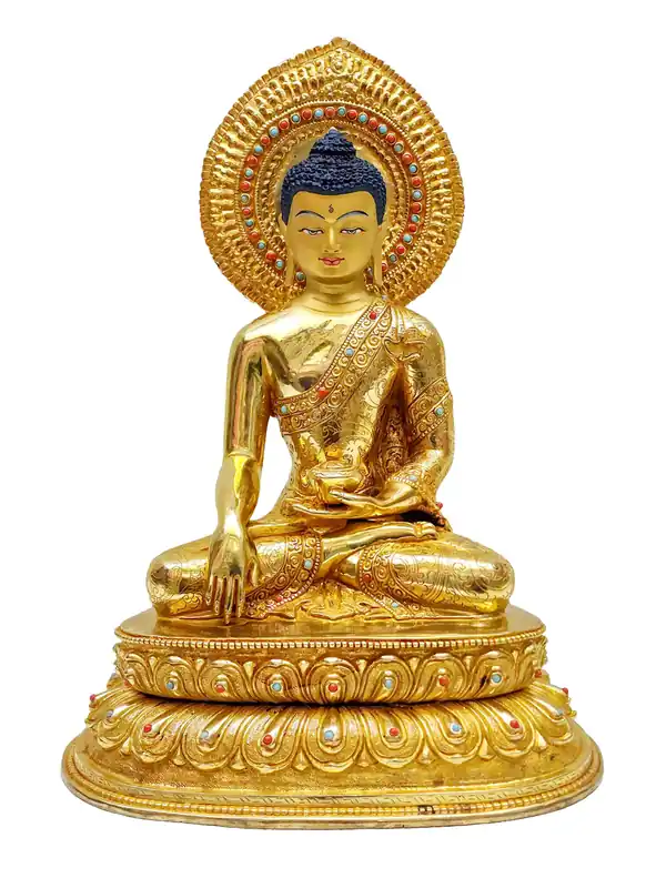 Statue du Bouddha Shakyamuni Éblouissante – Cuivre avec Visage Plaqué Or et Base en Pierre Peinte