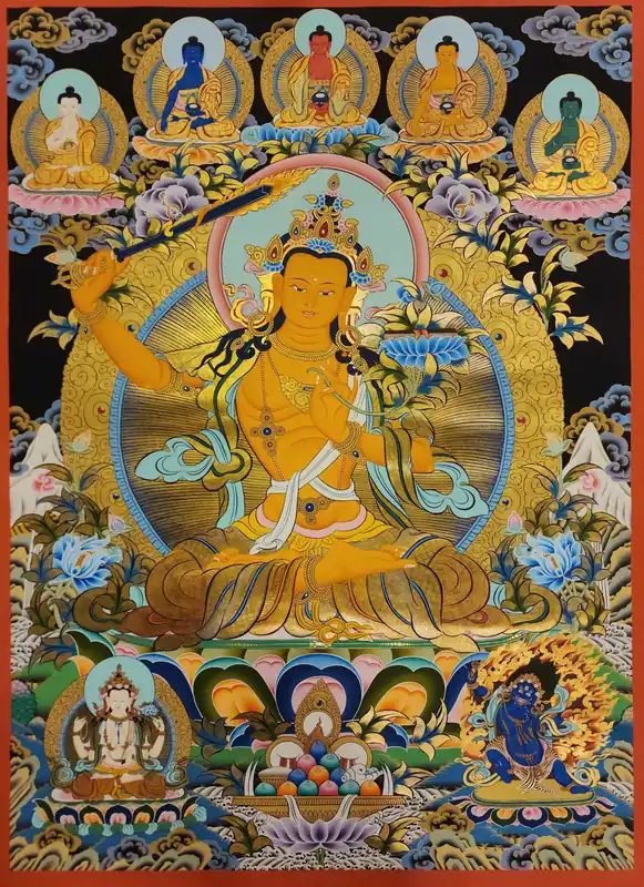 Thangka de Manjushri sur toile de coton avec Bodhisattvas