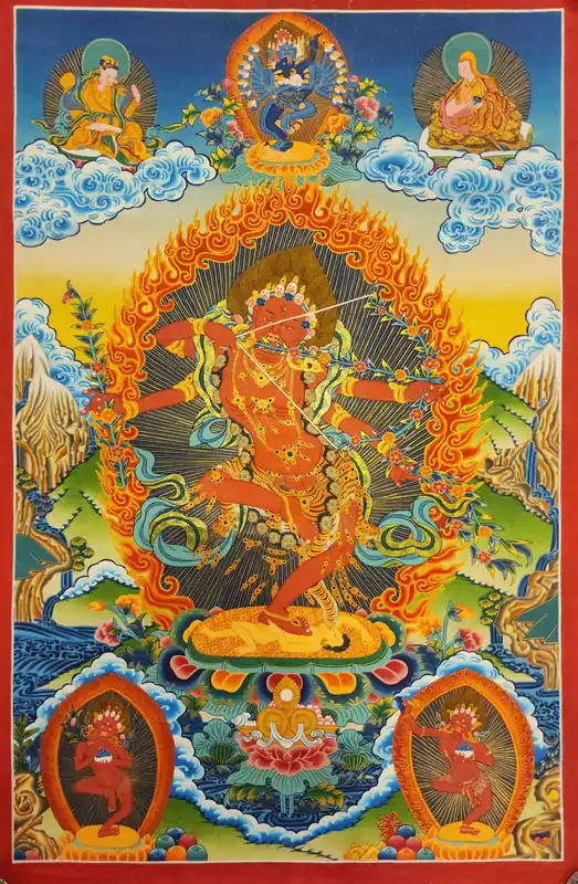 Thangka de Kurukulla avec de l’or véritable sur toile