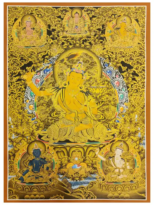 Cinq thangkas de Manjushri Dhyanin sur toile de coton