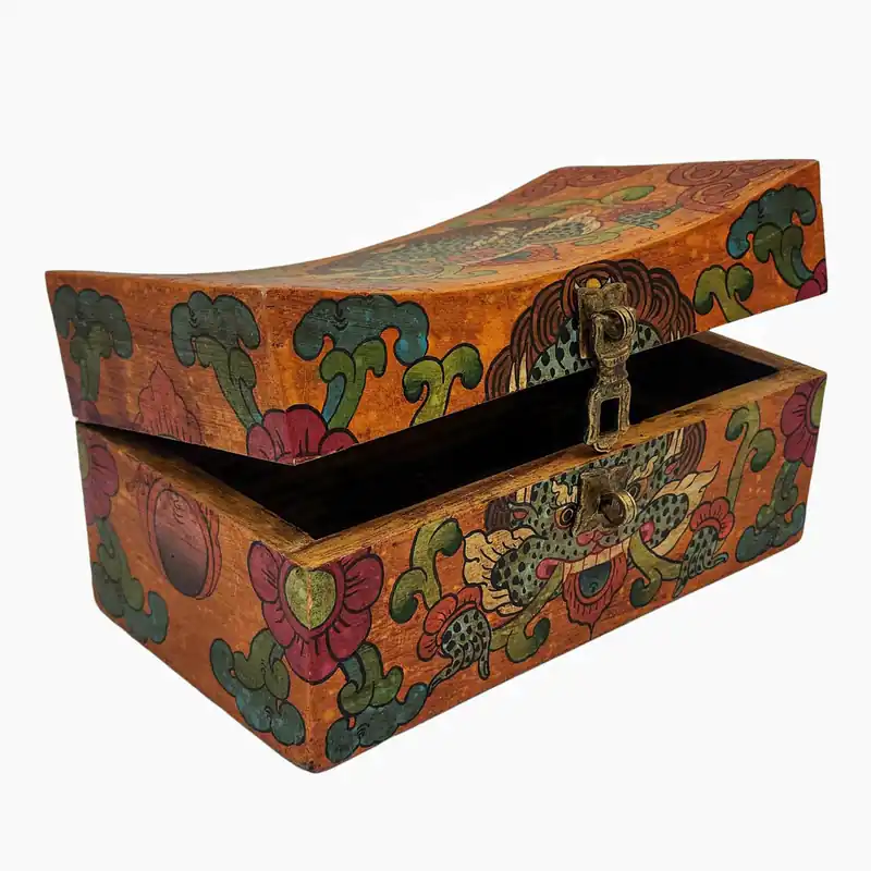 Coffre au trésor tibétain en bois orange-brun riche