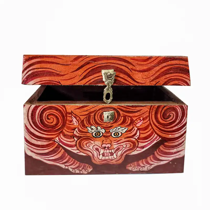 Coffre tibétain avec décoration de tigre pour objets rituels et bijoux
