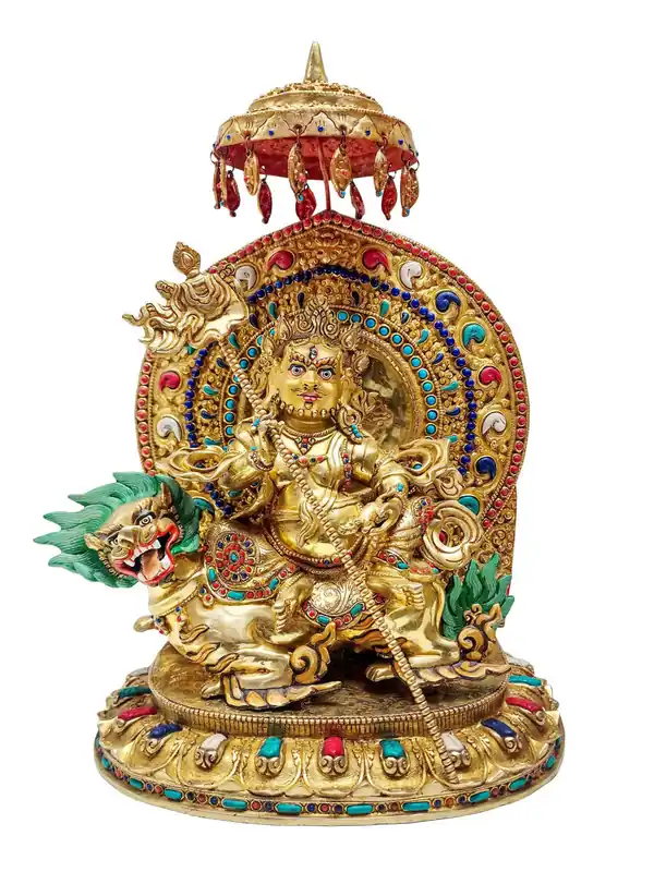 Statue en cuivre de Singha Kuber Jambhala Namtose avec plaquage en or
