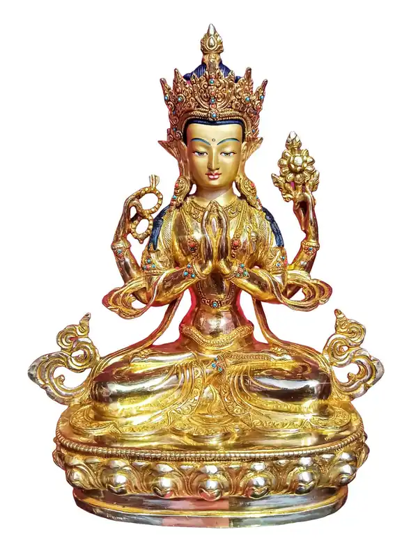 Statue de Chenrezig – Cuivre avec visage en plaqué or et base en pierre