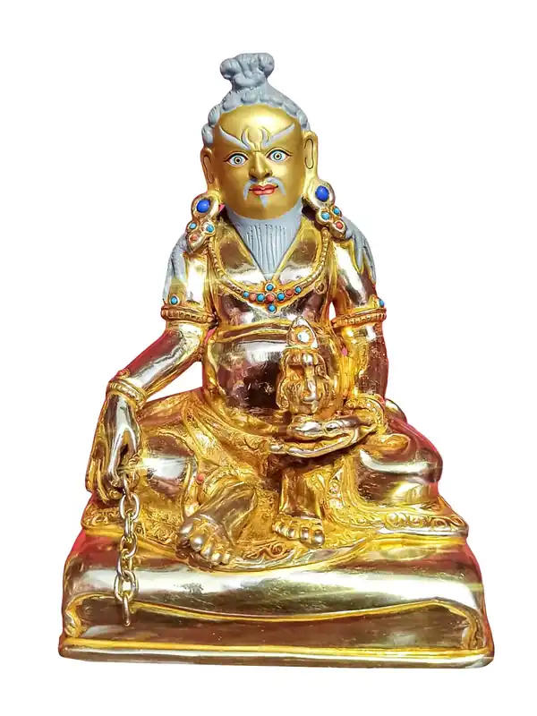 Statue en cuivre de Thang Thong Gyalpo avec visage plaqué or et accents en pierre