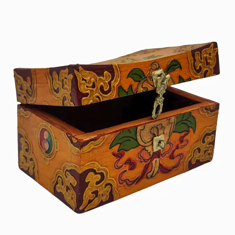 Coffre de trésor tibétain en bois avec motif infini orange