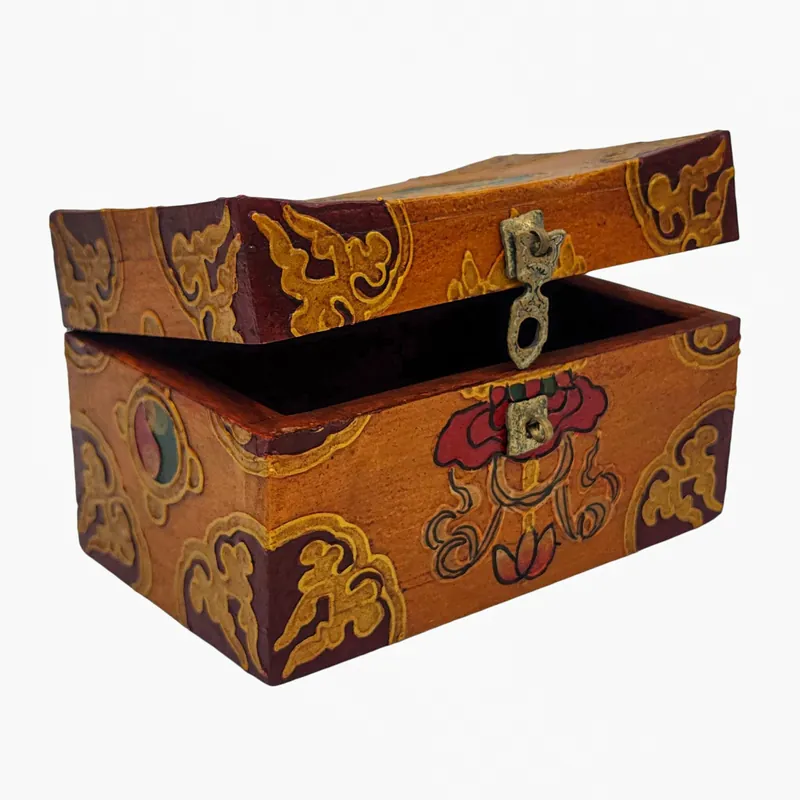 Boîte rituelle en bois tibétain en orange