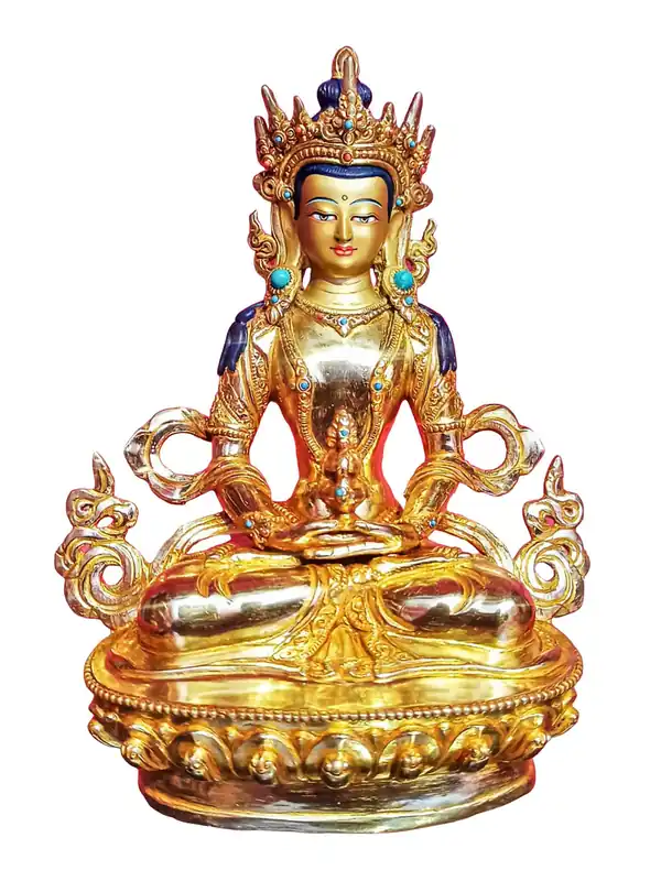 Statue peinte en cuivre d’Amitayus – Symbole de longévité et de compassion