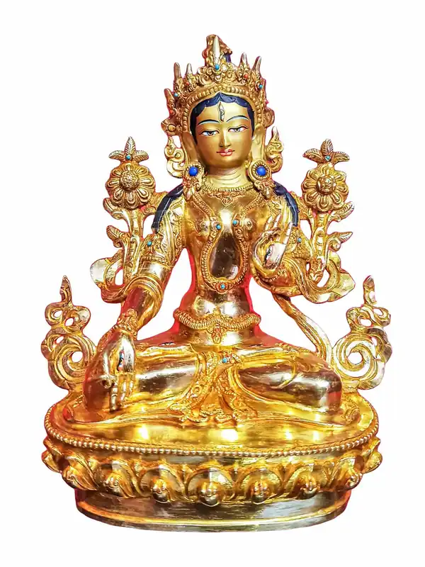 Statue tibétaine de Tara blanche plaquée or de 23 cm