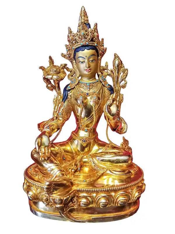 Statue de Tara Verte avec Visage Plaqué Or