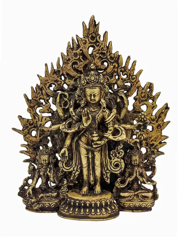 Statue en cuivre handmade d’Amoghpasa Lokeshvara avec Tara Verte et Chenrezig