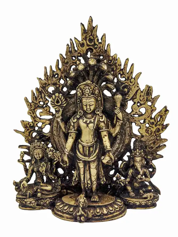 Statue en cuivre de Vishnu, Lakshmi et Ganesh