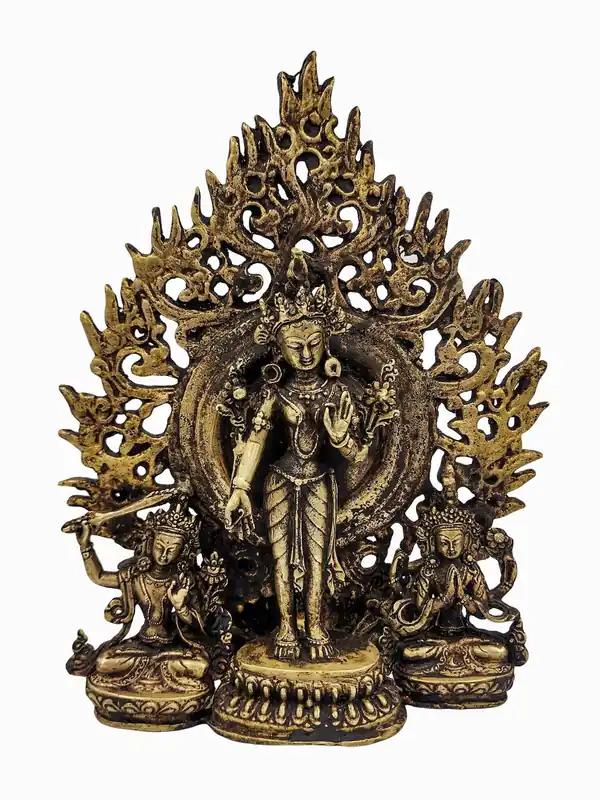 Statue antique de la Tara Verte ornée de Manjushri et de Chenrezig
