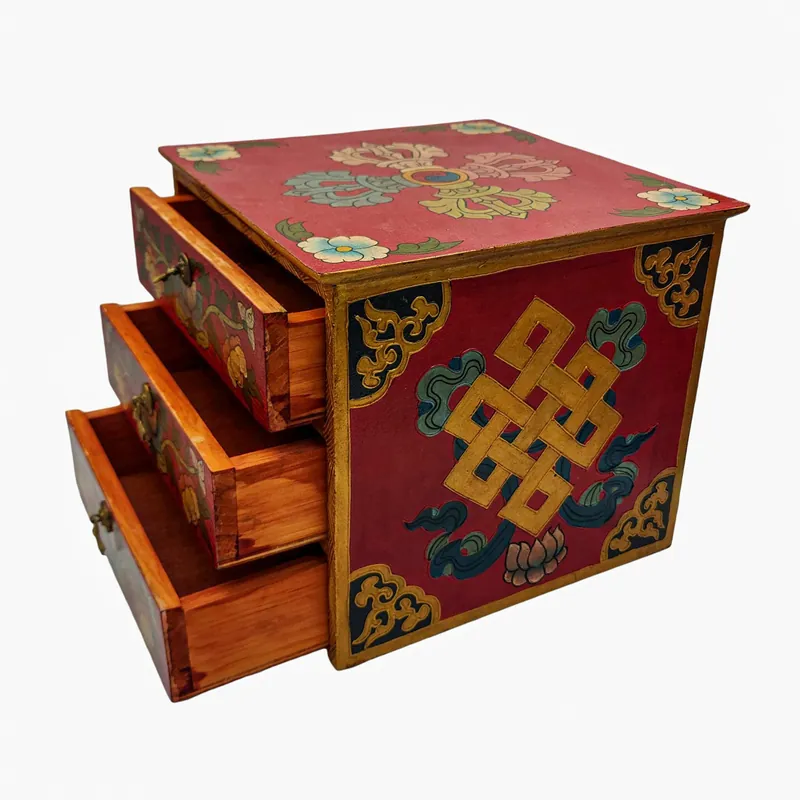 Boîte en bois tibétaine avec motif de double dorje