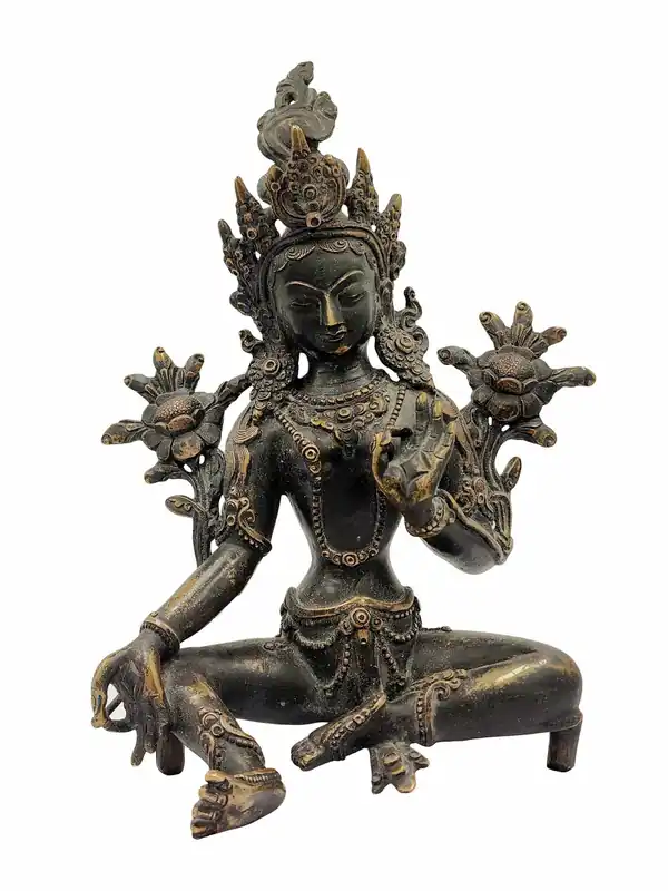 Statue bouddhique de la Tara verte en oxydation noire