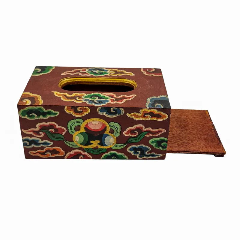 Boîte à trésors tibétaine en bois ornée, destinée à contenir des serviettes et des mouchoirs