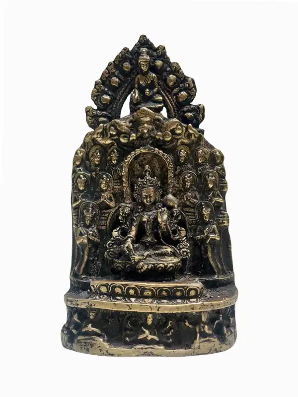 Statue en cuivre de la Tara Verte avec le Bouddha Shakyamuni