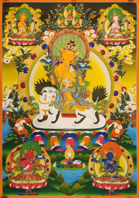 Thangka de Manjushri Lion sur toile de coton