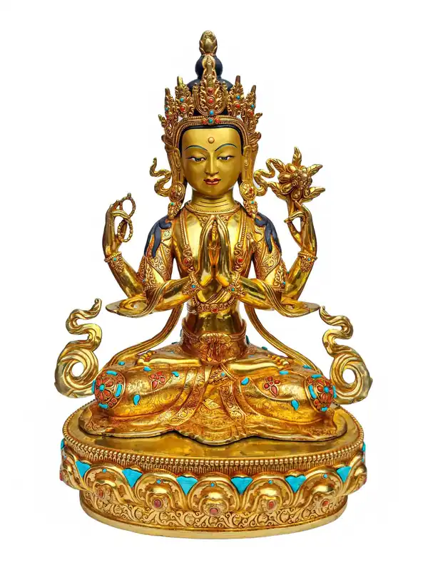 Statue en cuivre plaqué or élégante de Chenrezig – Incarnation de la Compassion