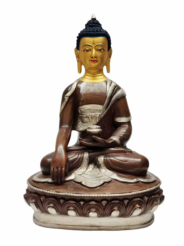 Statue de Shakyamuni Bouddha – Cuivre avec Plaquage en Argent et Visage Oxydé Chocolat