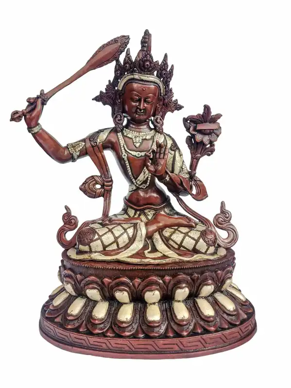 Statue en cuivre de Manjushri avec finition en argent