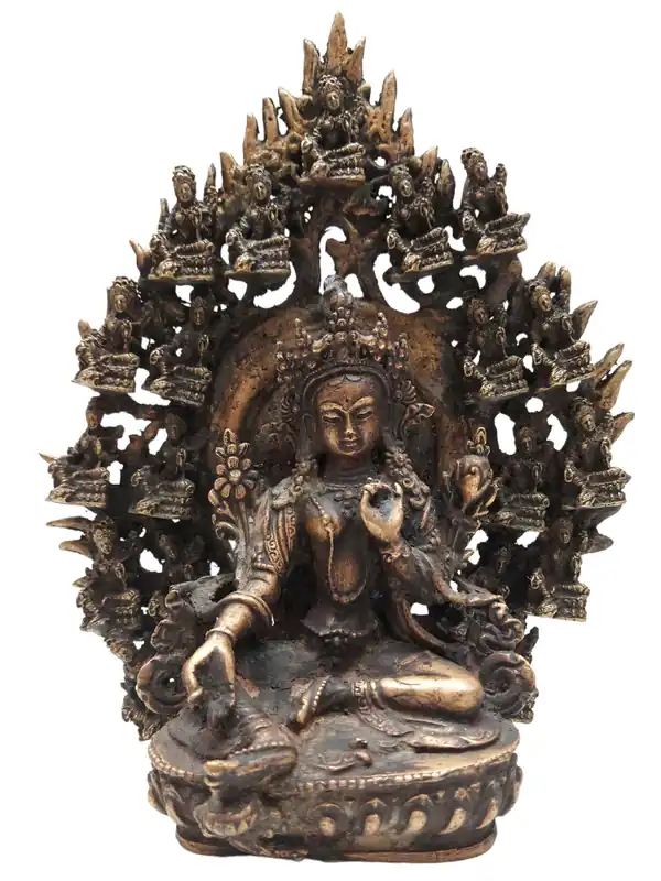 Statue bouddhiste de Tara verte en finition antique à la main