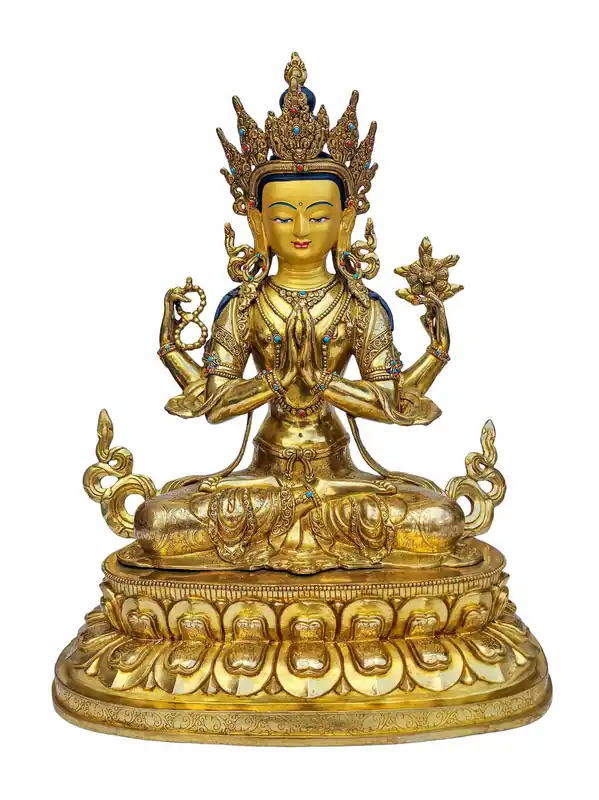 Statue en cuivre de Chenrezig – 49 cm, incarnation de la compassion peinte en or