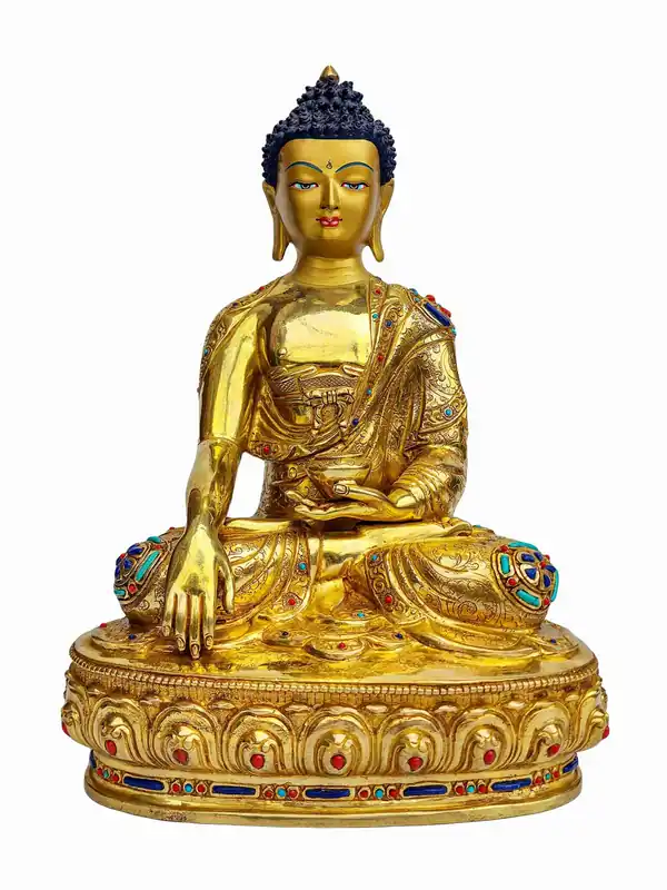 Statue de Bouddha Shakyamuni en cuivre avec accents en or – Incarnant l’Éveil serein