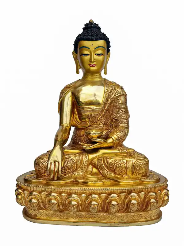Statue sereine du Bouddha Shakyamuni – Cuivre avec finition plaquée or, 35 cm