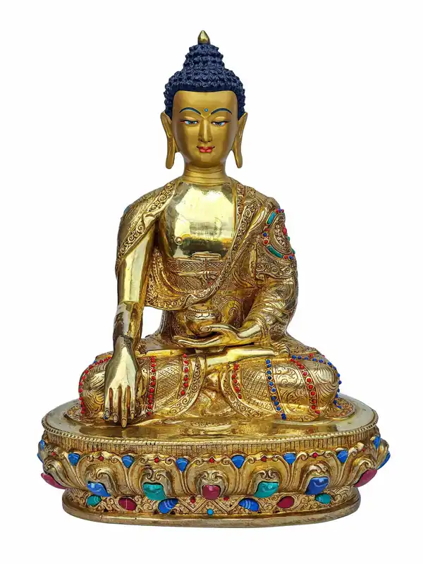 Superbe statue en cuivre plaquée or du Bouddha Shakyamuni – 34 cm