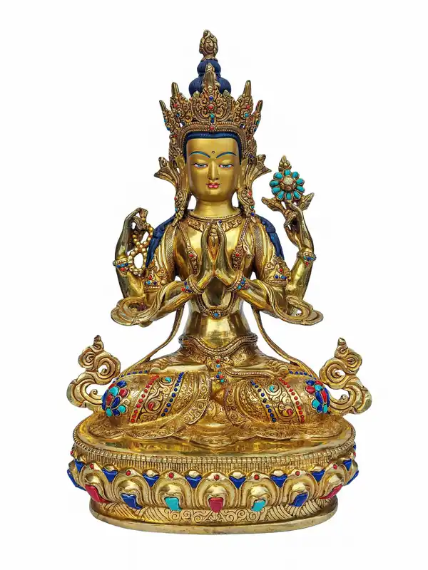 Statue Éblouissante de Chenrezig (Avalokitesvara) avec Visage Plaqué Or sur Base en Cuivre