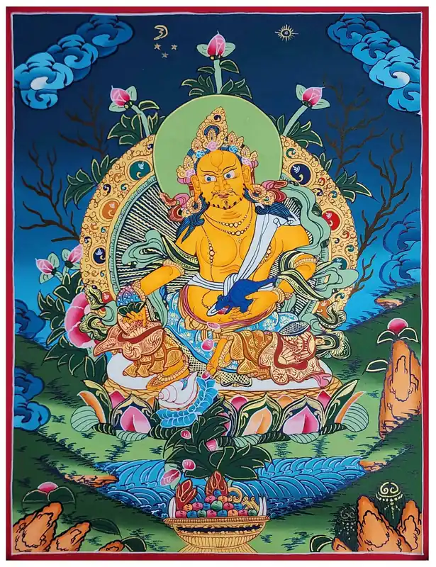 Thangka jaune de Jambhala sur toile de coton