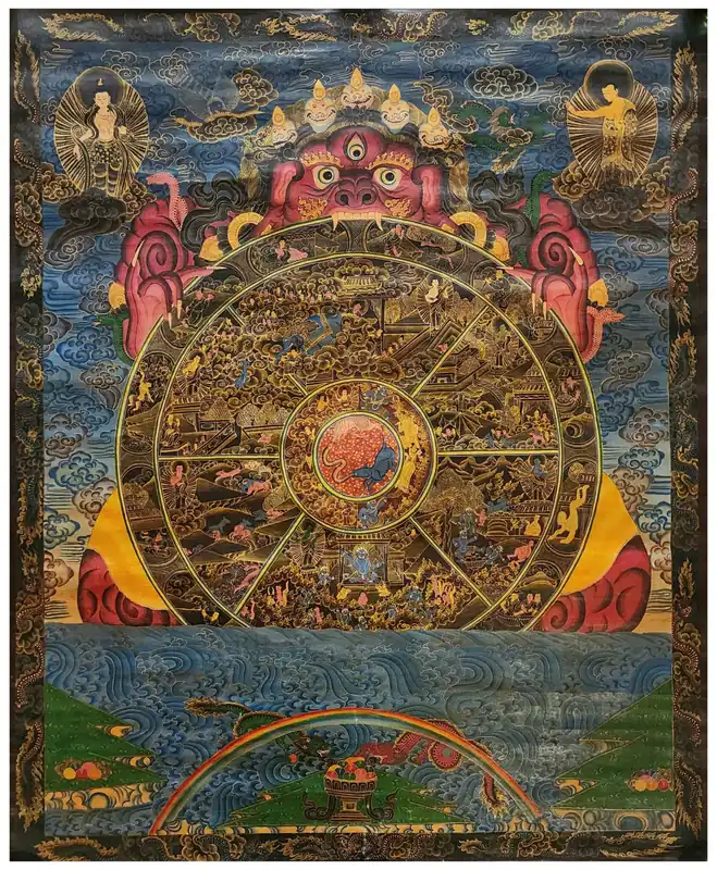 Thangka tibétain de la Roue de la Vie sur toile de coton