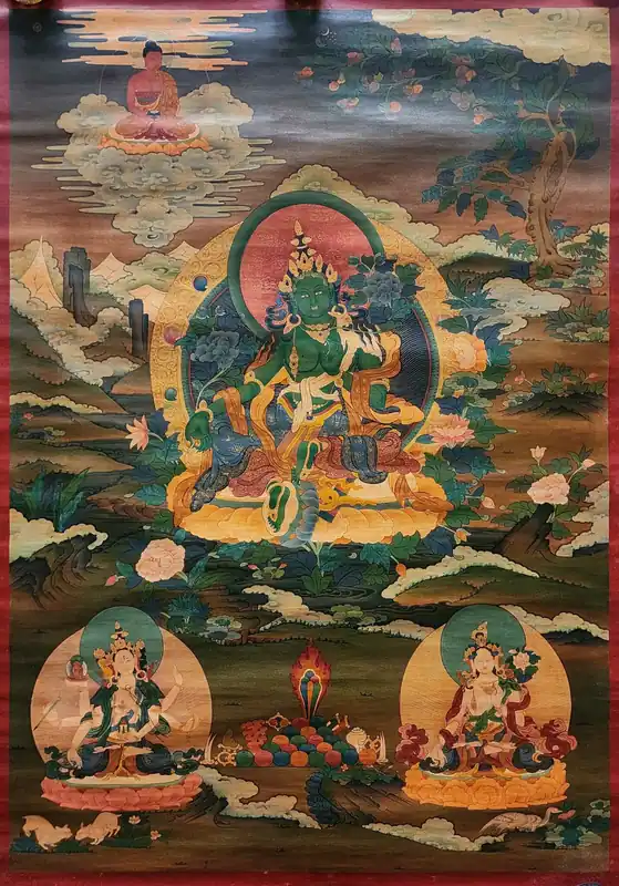 Thangka de la Tara Verte avec Trois Déités de Longue Vie