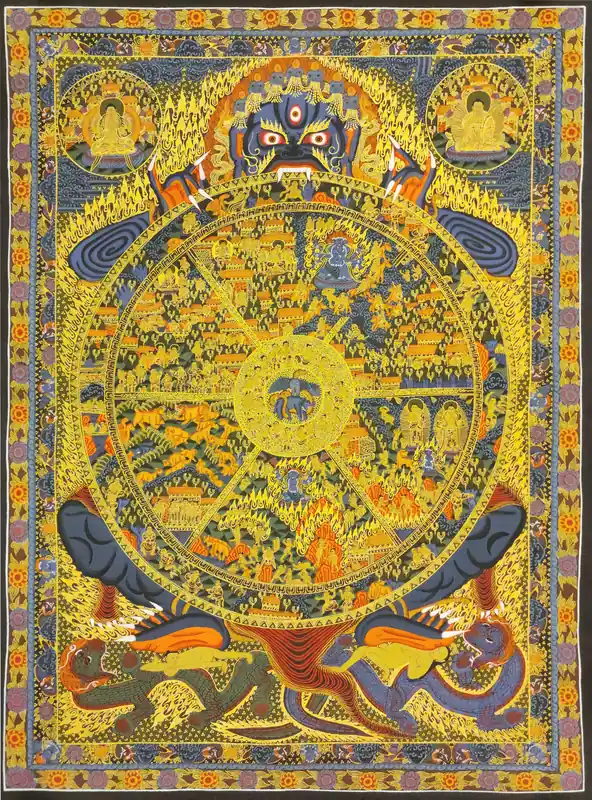 Thangka tibétain de la Roue de la Vie sur toile de coton