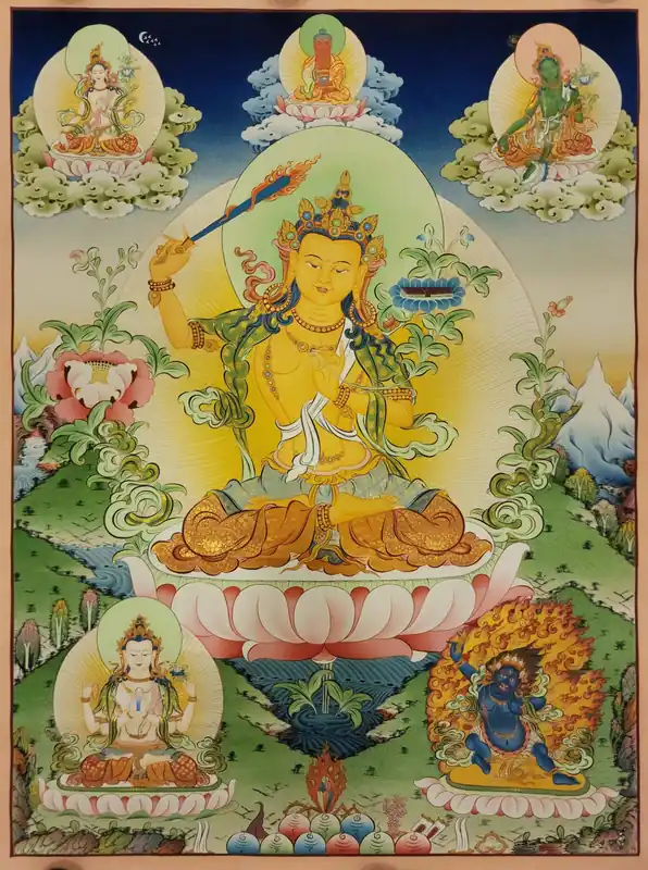 Thangka de Manjushri sur toile de coton avec de l’or