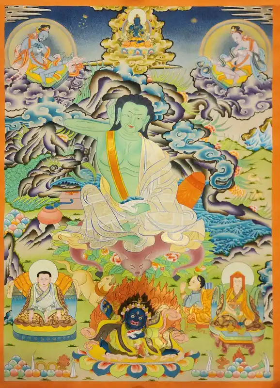 Thangka de Milarepa sur toile de coton, finition traditionnelle