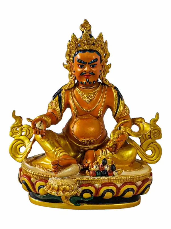 Statue de Jambhala jaune en métal doré, éblouissante – Abondance et Prospérité en cuivre