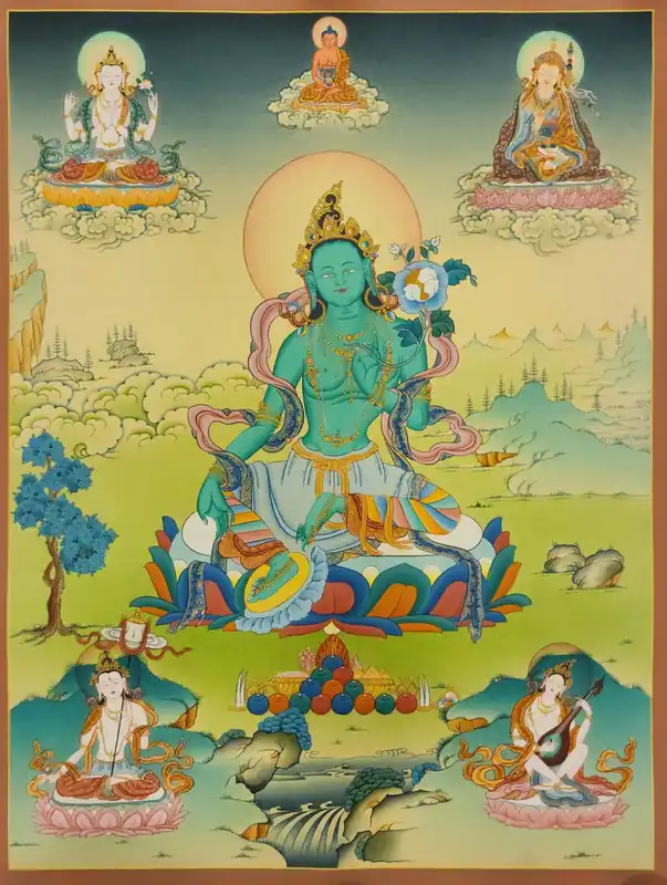 Thangka vert des trois déesses sur toile de coton