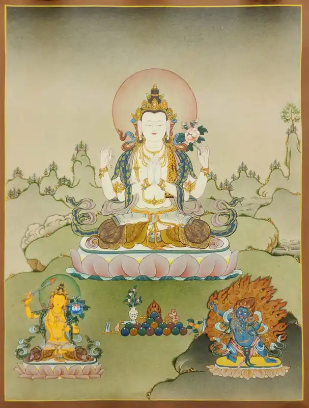 Thangka de Chenrezig sur toile de coton avec finition antique
