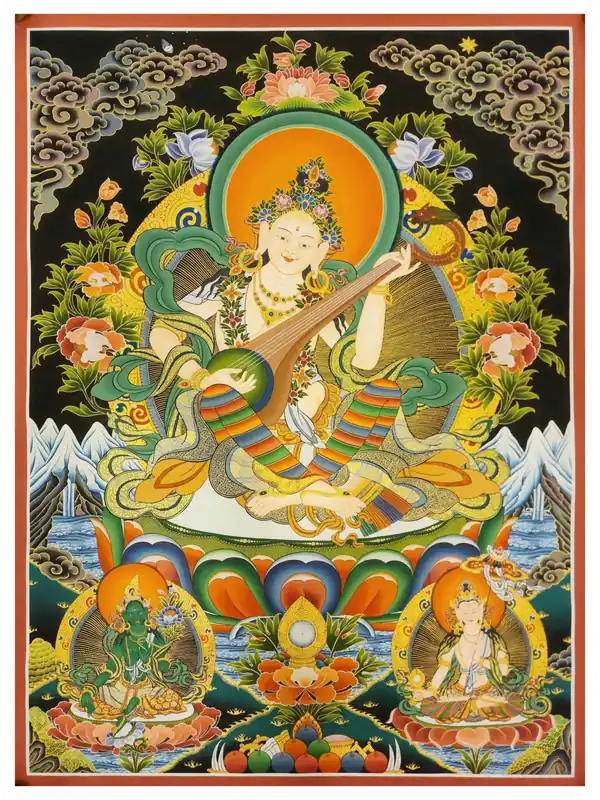 Thangka de Saraswati avec Sitatapatra et Tara Verte
