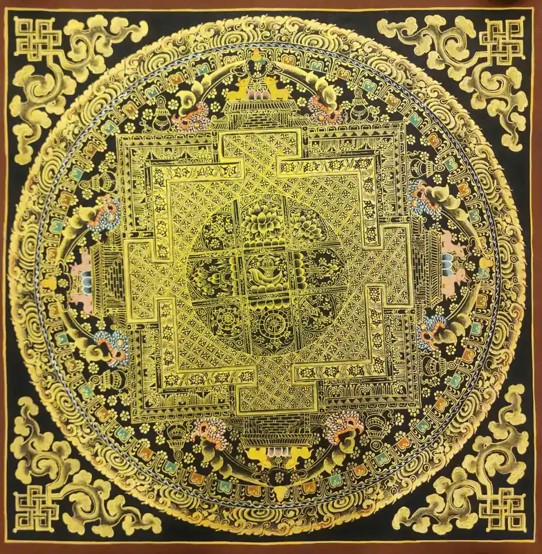 Thangka de mandala noir et or en toile de coton