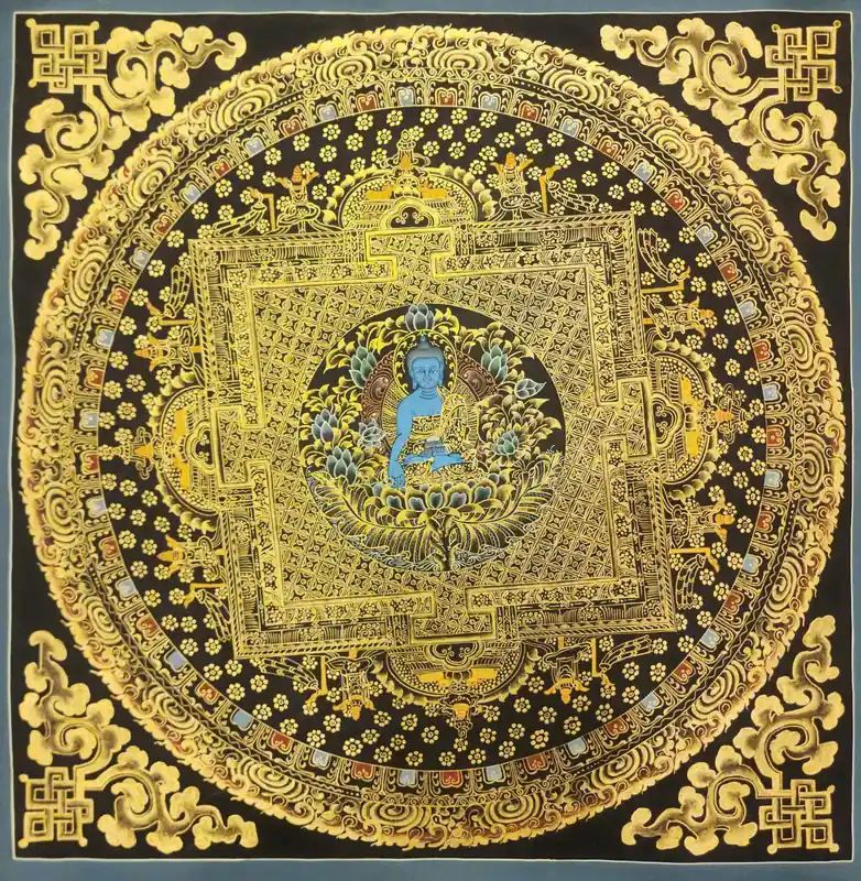 Thangka mandala noir et or sur toile de coton