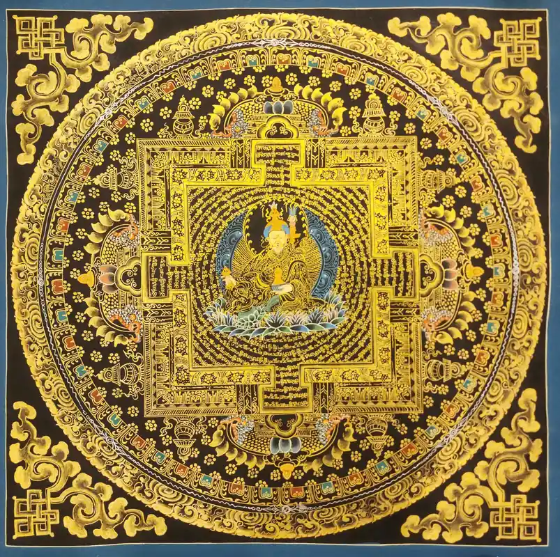 Thangka Mandala Noir et Or sur Toile de Coton